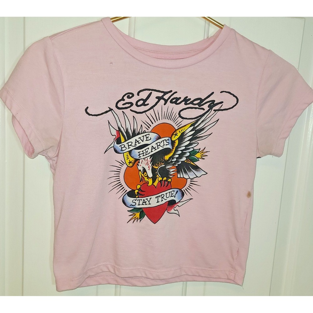 Ed Hardy Cropped Graphic Tee Pink Eagle Women Sz Sm Brave Hearts Stay True